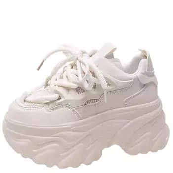 Модные белые массивные кроссовки со скрытым каблуком, женские дышащие туфли на шнуровке и высокой платформе, женские кроссовки на осень 2024 года с нескользящей толстой подошвой 34 белый