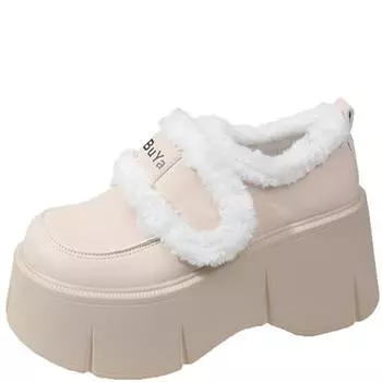 Модные белые меховые зимние сапоги для женщин 2024 года, осень и зима, новые бархатные туфли на толстой подошве из хлопка на платформе, лоферы 34 чёрный