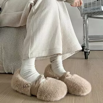 Модные белые темпераментные пушистые туфли на плоской подошве для женщин 2025 года, новые осенне-зимние туфли Xiaoxiang из хлопка с мягкой подошвой Mary Jane 35 чёрный