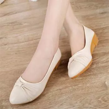 Модные белые туфли из мягкой кожи для женщин 3,5 см, туфли-лодочки для офиса, туфли-лодочки на танкетке среднего каблука, элегантные туфли с острым носком и складками Sale369 4 бежевый