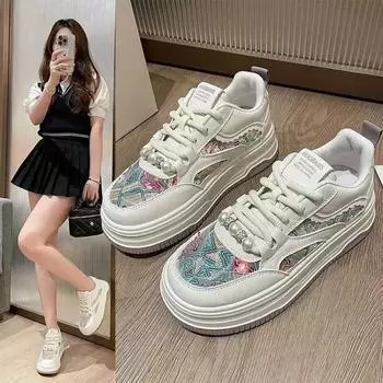 Модные белые туфли на толстой подошве для женщин 2024 года, летние новые дышащие туфли с пайетками, увеличивающие рост, для спорта и отдыха 35 белый