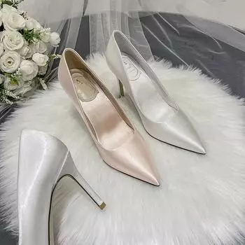Модные белые туфли на высоком каблуке для женщин, тонкие каблуки 9 см, шелковые банкетные туфли, туфли цвета шампанского для подружек невесты, большие размеры 42 43, свадебные туфли 33