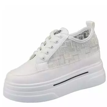 Модные белые туфли женские летние 2024 новые сетчатые дышащие женские туфли с внутренней высотой, увеличивающие 8 см, толстая подошва, повседневные сетчатые кроссовки 34 белый