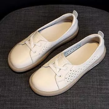 Модные белые туфли, женские летние новые открытые дышащие туфли на плоской подошве из кожи, туфли-лодочки на мягкой подошве для беременных 35 белый