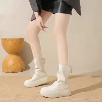 Модные белые женские сапоги с толстой подошвой 2024 года, осенние сапоги с круглым носком и эластичной пряжкой, повседневные короткие женские сапоги на молнии сзади, высокие сапоги 35 красный