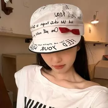 Модные береты с принтом граффити для женщин, маленькие, с открытым лицом, летние 2024, новые, с милым бантом, ретро, с плоским верхом, восьмиугольная шляпа Y2k 56-58cm белый