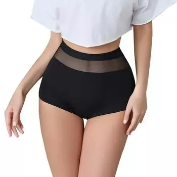 модные бесшовные женские трусики дышащее нижнее белье из ледяного шелка с высокой талией трусы для плоского живота удобные женские трусы кружевное белье M чёрный