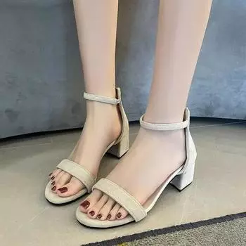 Модные бежевые босоножки на высоком каблуке, женская летняя обувь, женские модные босоножки с открытым носком и пряжкой, повседневные женские туфли на квадратном каблуке 35 бежевый