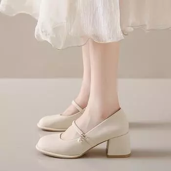 Модные бежевые туфли Мэри Джейн на толстом каблуке, женские туфли 2024 года с пряжкой и квадратным носком, женские туфли из искусственной кожи на среднем каблуке 3.5 бежевый