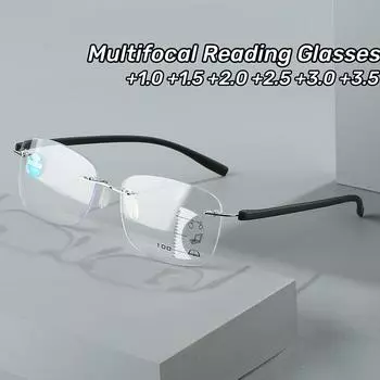 Модные безрамные мультифокальные очки для чтения, модные мужские очки для пресбиопии, деловые квадратные очки для дальнего зрения с защитой от синего света 1