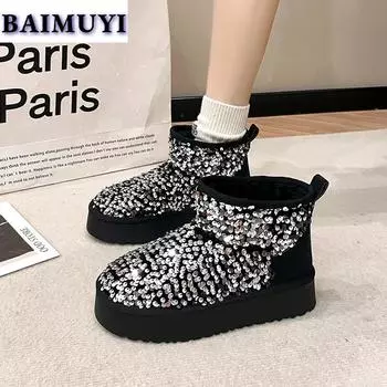 Модные блестящие ботинки на платформе с ботильонами для зимы, женские короткие плюшевые теплые ботинки, зима 2025, новые туфли на плоской подошве, повседневная спортивная обувь, тренд, Chelsea Botas Mujer 35 чёрный