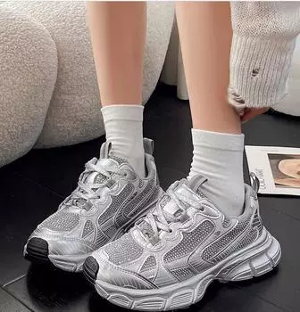 Модные блестящие массивные туфли для женщин 2024 года, весна, толстая подошва 5 см, повседневная спортивная обувь для женщин, универсальные уличные дышащие кроссовки Tide 35 грязно-белый