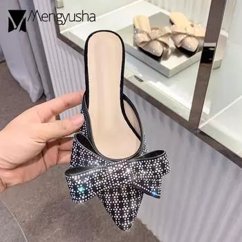 Модные блестящие мюли с бантом из кристаллов, женские праздничные тапочки, блестящие туфли, туфли на плоской подошве, домашние шлепанцы, женские тапочки со стразами 4.5 хаки