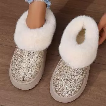 Модные блестящие плюшевые зимние сапоги с пайетками, женские теплые утепленные короткие сапоги без застежек, модные золотистые сапоги на толстой платформе из искусственного меха 36 чёрный