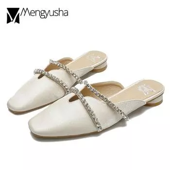 Модные блестящие шелковые шлепанцы женские с двойными хрустальными полосками шлепанцы пляжные сандалии женские универсальные мюли закрытые домашние тапочки женские 6.5 синий