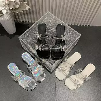 Модные блестящие шлепанцы с квадратным носком и бабочкой, женские сандалии, тапочки, женские прозрачные модные мюли на низком каблуке 35 красно-желтовато-коричневый