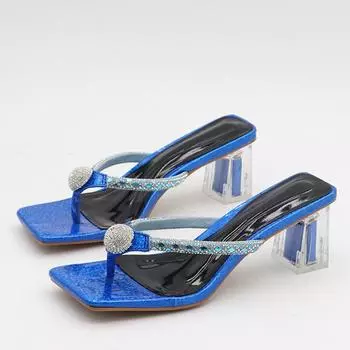 Модные блестящие стразы, женские прозрачные шлепанцы на низком каблуке, сандалии с хрустальным ремешком, шлепанцы, шлепанцы с открытым носком 42 синий