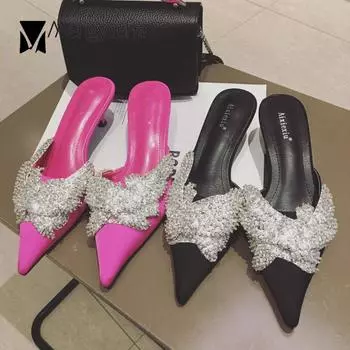 Модные блестящие тапочки с большим бантом женские туфли с острым носком серебряные блестящие шлепанцы женские летние шелковые шлепанцы со стразами сандалии 5