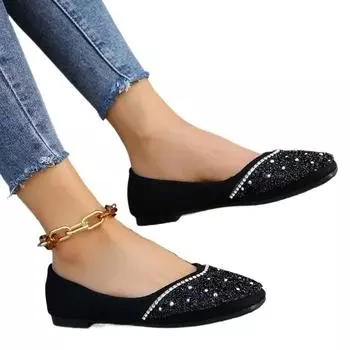 Модные блестящие туфли на плоской подошве со стразами, летние однотонные женские модные тапочки с круглым носком, уличные женские тапочки с ремешком на каблуке, большой размер 43 35 чёрный