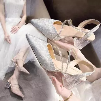 Модные блестящие туфли на высоком каблуке, женские элегантные туфли на квадратном каблуке с кристаллами, свадебные туфли, женские блестящие босоножки с острым носком и прозрачным каблуком, размеры 32-42 36 серебряный