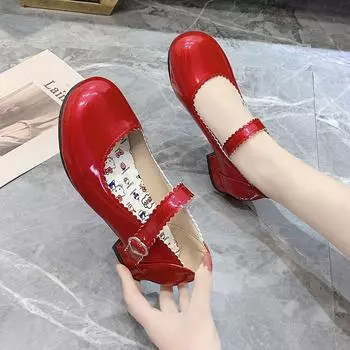 Модные блестящие женские кожаные туфли на толстом каблуке, удобные повседневные туфли, туфли принцессы, форменная обувь 35 красный