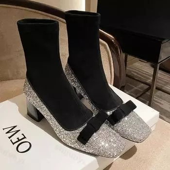 Модные блестящие женские сапоги-носки Мэри Джейн, дизайнерские ботильоны на платформе с бантом, новинка 2025 года, сапоги на толстом высоком каблуке 35 чёрный