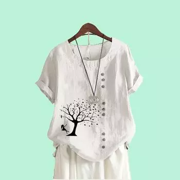 Модные блузки с цветочным принтом для женщин, летняя футболка с круглым вырезом и коротким рукавом, женские повседневные свободные топы больших размеров S коричневый