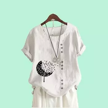 Модные блузки с цветочным принтом для женщин, летняя футболка с круглым вырезом и коротким рукавом, женские повседневные свободные топы больших размеров S коричневый