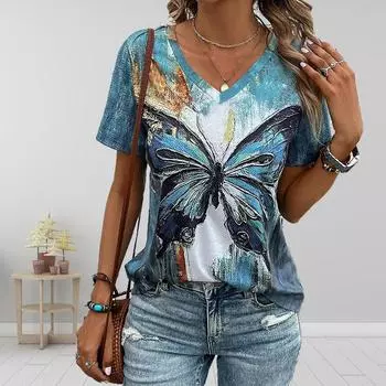 Модные блузки с принтом бабочек, футболки с коротким рукавом и V-образным вырезом, повседневные XS синий