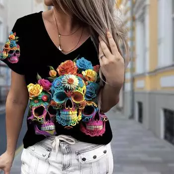 Модные блузки с принтом черепа, футболки с коротким рукавом и V-образным вырезом, повседневные XS чёрный