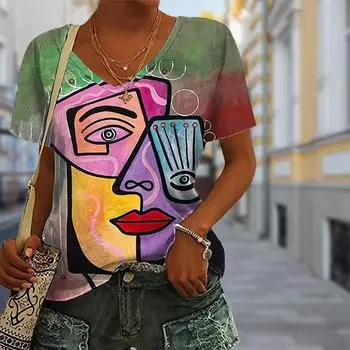 Модные блузки с принтом фараона, футболки с коротким рукавом и V-образным вырезом, повседневные XS темно-синий