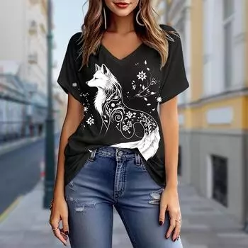 Модные блузки с принтом лисы, футболки с коротким рукавом и V-образным вырезом, повседневные XS белый