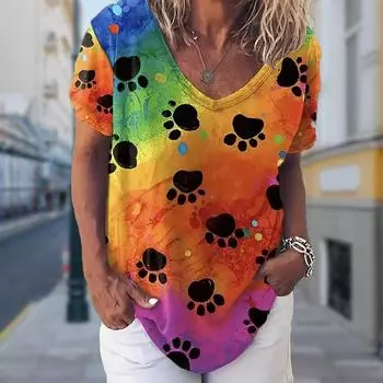 Модные блузки с принтом собачьей лапки, футболки с коротким рукавом и V-образным вырезом, повседневные XS темно-синий