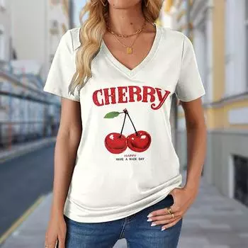 Модные блузки с принтом вишни, футболки с коротким рукавом и V-образным вырезом, повседневные XS белый