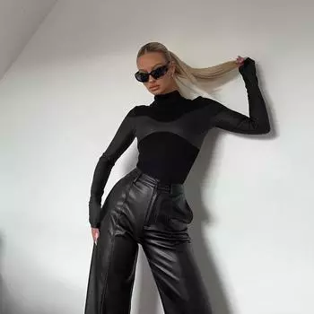 Модные боди с длинным рукавом из искусственной кожи в стиле пэчворк, женские обтягивающие сексуальные комбинезоны, черные повседневные комбинезоны для женщин с высоким воротом, облегающие, женские, базовые 2531 S чёрный
