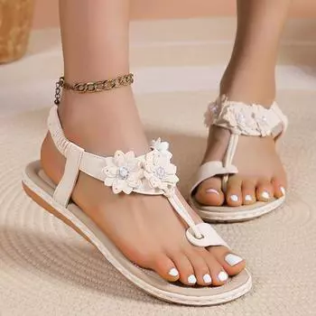 модные бохо-цветочные сандалии на плоской подошве для женщин лето 2024 года гладиаторские туфли с застежкой-молнией и эластичной резинкой женские модные пляжные сандалии 36-43 36 бежевый