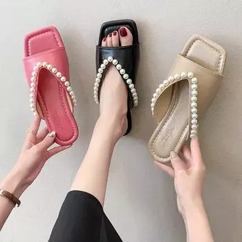 модные бохо-жемчужные сандалии для женщин с открытым носком плоские тапочки модные женские летние пляжные сандалии уличные сандалии 35 розы красного