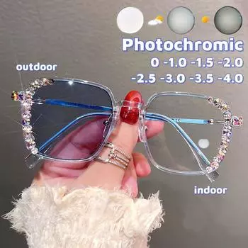 Модные большие блестящие очки с фотохромной защитой от синего света, очки для близорукости, винтажные квадратные очки для близорукости с изменением цвета 0