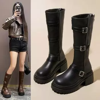 Модные Большие размеры 35-40 2024 Новые зимние джинсовые сапоги женские ретро коричневые с пряжкой на ремне и круглым носком высокие сапоги длиной до колена Zapatos Mujer 35