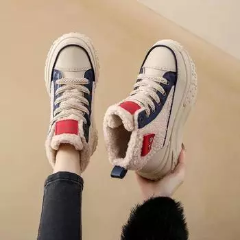 Модные Большие размеры 35-40 Теплые овечьи шерстяные студенческие хлопковые туфли Tide Повседневные туфли на плоской подошве Кроссовки Плюшевые женские ботильоны Женские кружевные зимние ботинки 35 хаки