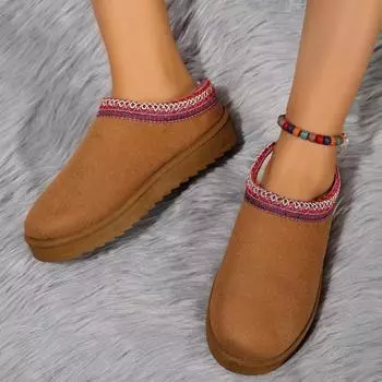 Модные большие размеры модная зимняя женская обувь 2024 новые короткие плюшевые теплые тапочки на плоской подошве ретро с круглым носком женские закрытые полутапочки 36 серый