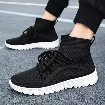 Модные большие размеры, парные носки на шнуровке, высокие, летающие, тканые, дышащие, легкие, мужские и женские кроссовки 36 чёрный