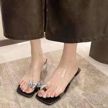 Модные босоножки 2024 года, лето, новые, блестящие, с бриллиантовыми цветами, толстый, покатый каблук, круглый носок, удобные шлепанцы для женщин 35 бежевый