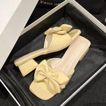 Модные босоножки 2024 года, новые летние тапочки большого размера с квадратным носком и толстым каблуком, элегантные туфли с большим галстуком-бабочкой, платье для улицы, zapatos 35