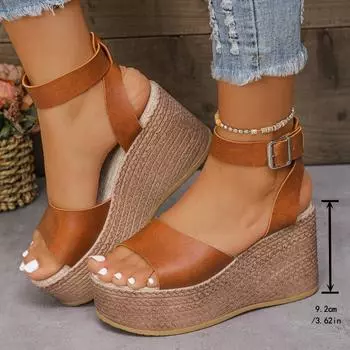 Модные босоножки 2024 года, женские цветные босоножки с открытым носком на платформе и танкетке, летние босоножки на танкетке с открытой пяткой в римском стиле с ремешком на щиколотке и высоким каблуком 35 хаки