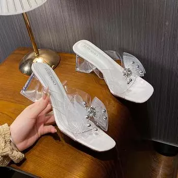 Модные босоножки Fairy sense с бантом и стразами для девочек 2025 года, весна-лето, новые универсальные босоножки с квадратным носком и кристаллами на каблуке 34 белый