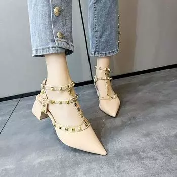 Модные босоножки на грубом каблуке, женские, весна-лето 2024, новые, с острым носком, с заклепками, на толстом каблуке, с застежкой-молнией, свадебные туфли с гвоздиком и ивовой головкой, одинарные туфли на низком каблуке 34