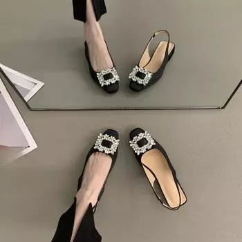 Модные босоножки на низком каблуке со стразами, женская обувь 2024 года, новые летние модные туфли на квадратном каблуке для женщин Sandalias De Mujer 35 чёрный