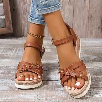 Модные босоножки на платформе с цветочным принтом, женские летние босоножки-гладиаторы с пряжкой на щиколотке, женские босоножки из искусственной кожи на высоком каблуке, сандалии Mujer 36 коричневый