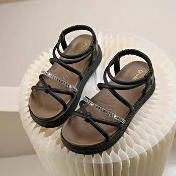 Модные босоножки на платформе, женские летние босоножки на танкетке, женские сандалии-гладиаторы с ремешками на щиколотке и толстой подошвой и эластичной резинкой 35 бежевый